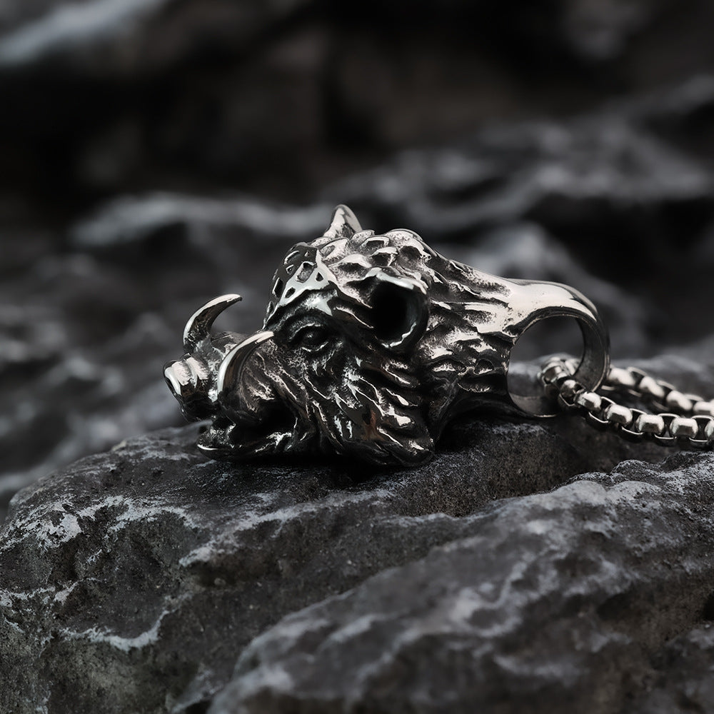 European And American Retro Men's Stainless Steel Pendant Punk Animal Wild Boar Head Necklace