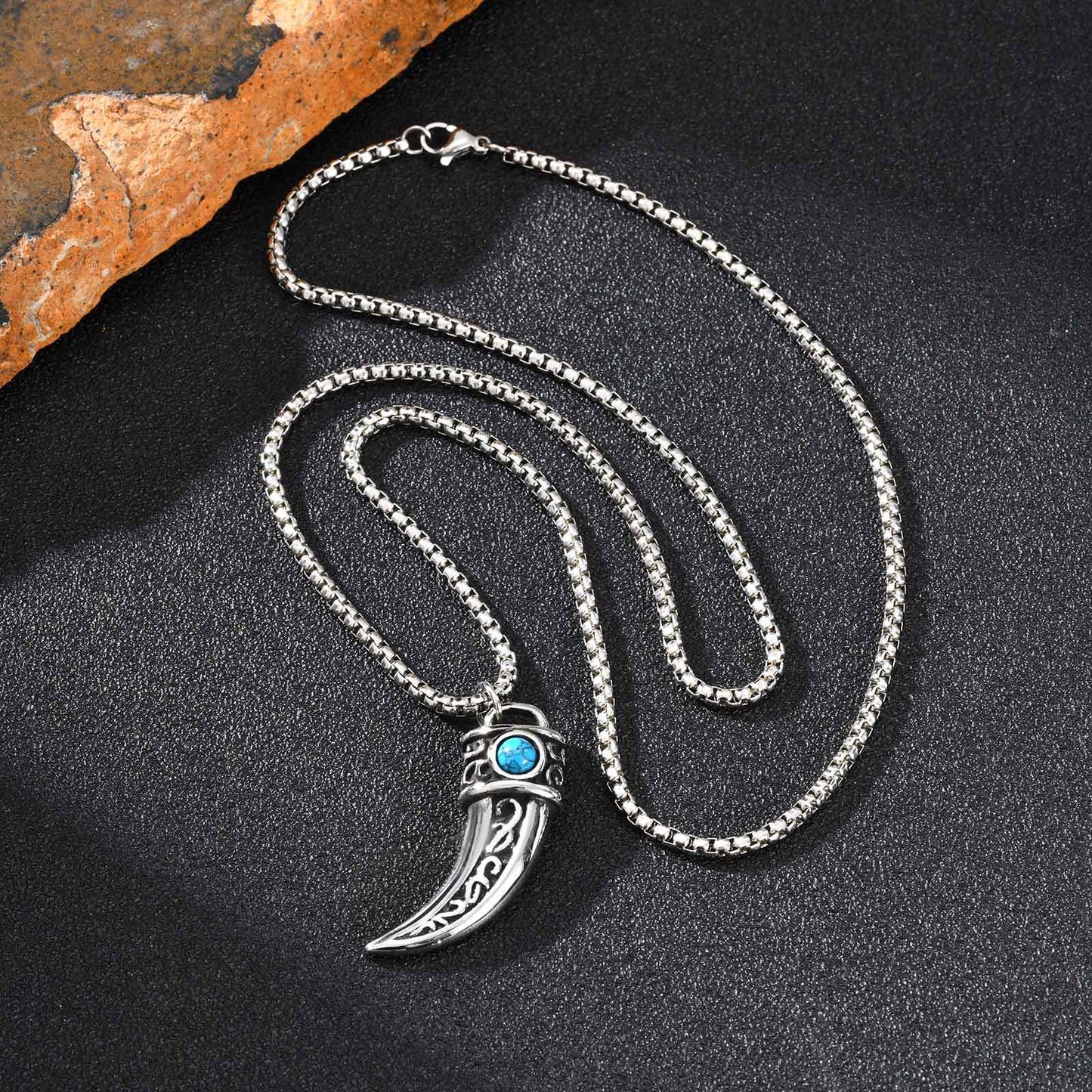 Planderful Mens Stainless Steel Turquoise Horn Necklace
