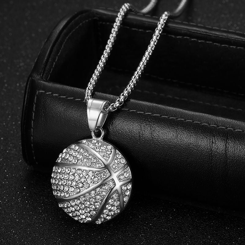 Planderful Basketball Pendant Necklace Premium Gold Plated Stainless Steel With Zircon For Hip Hop Fans