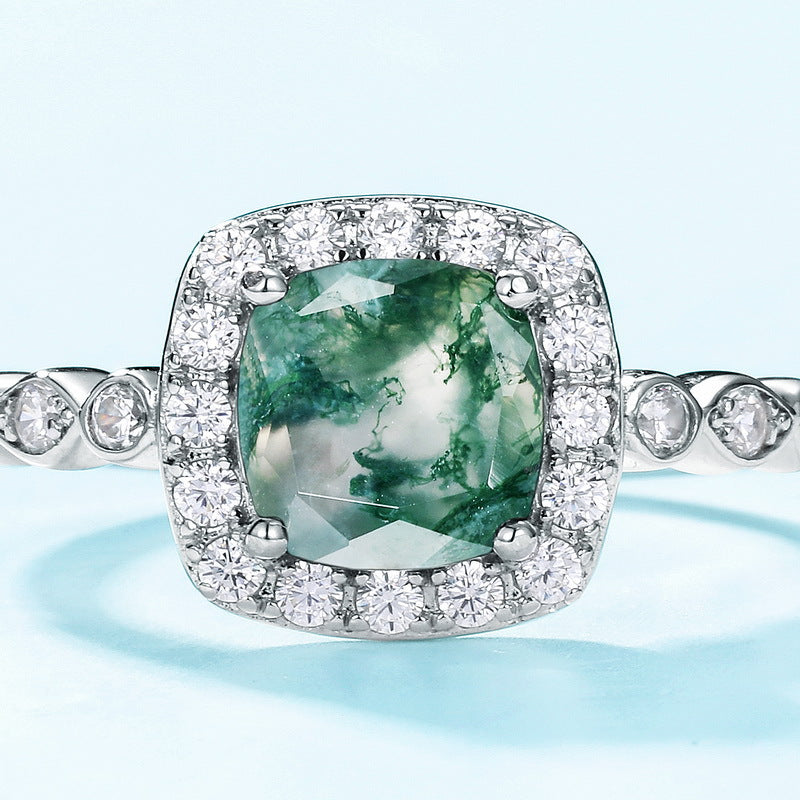 S925 Sterling Silver Moss Agate Pavé Ring