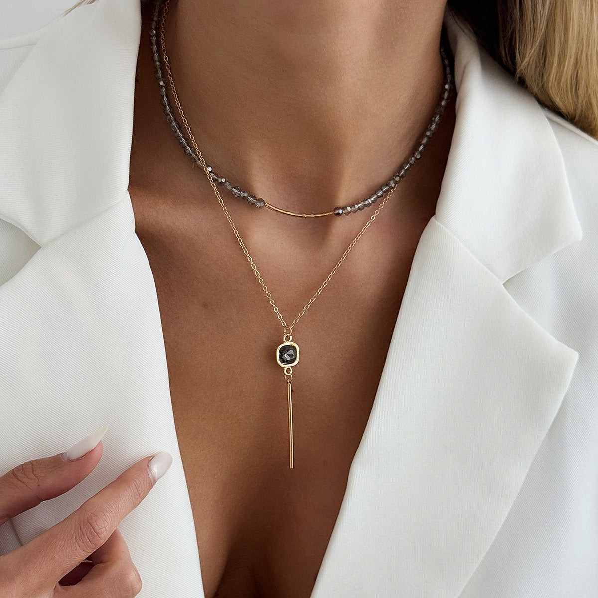 Crystal Beaded Multi-Layer Collarbone Necklace Wild Square Zircon Fringed Necklace