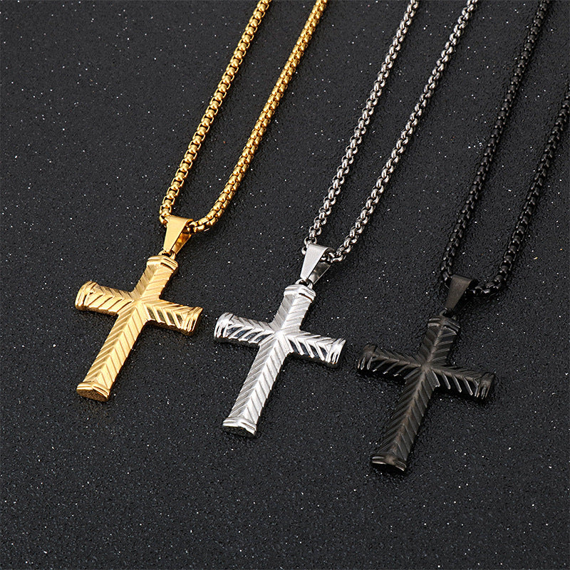 Planderful European And American Retro Titanium Steel Pattern Cross Necklace For Men Durable Pendant