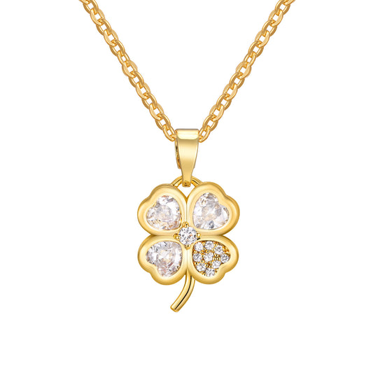 Heart-Shaped Zircon Four-Leaf Pendant Necklace Copper Jewelry Wholesale