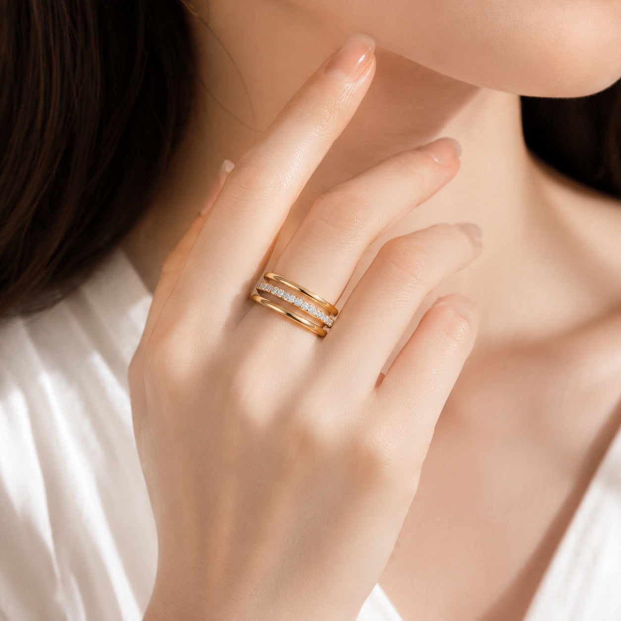 Planderful Collection Stainless Steel Stacked Ring Set For Women Non Fading Gold Zircon Three Piece Versatile Statement Jewelry