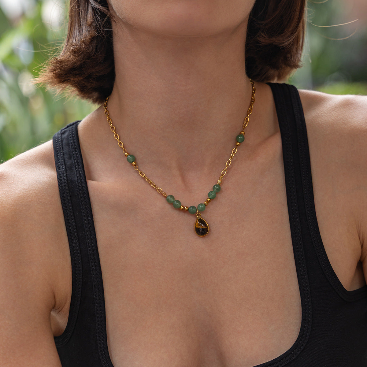 Vacation Gravel Pendant Beaded Collarbone Chain Retro Colored Gemstone Stainless Steel Neck Necklace