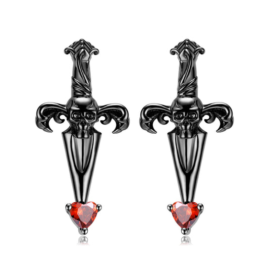 Halloween Skull Cross Sword Heart Shape Red Zircon Silver Stud Earrings