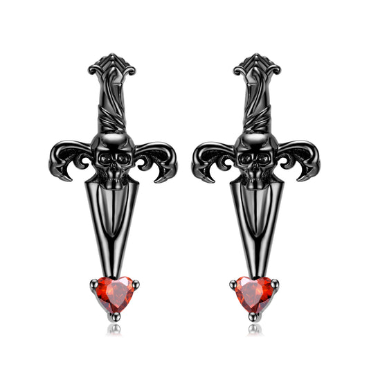 Halloween Skull Cross Sword Heart Shape Red Zircon Silver Stud Earrings