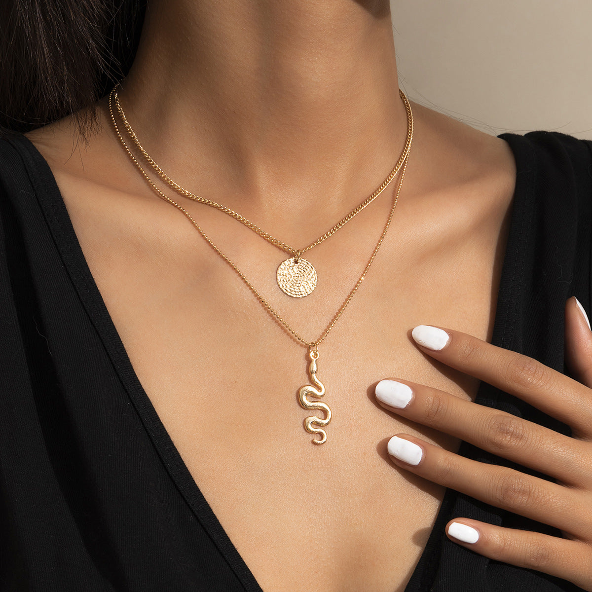 Planderful Snake Necklace Double Layer Geometric Curved Chain For Women Statement Jewelry