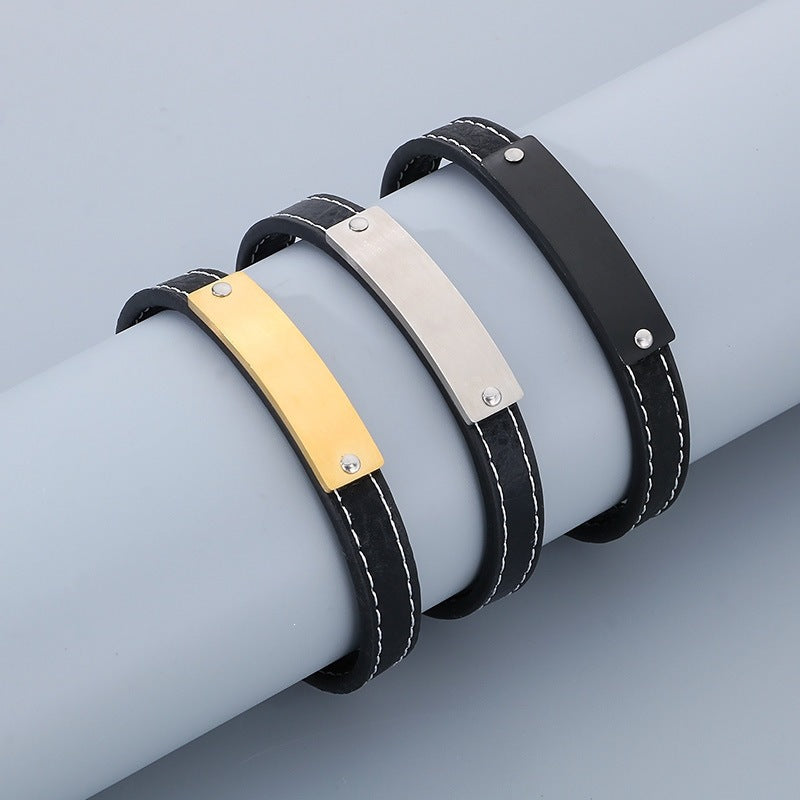 Stainless Steel Curved Bar Men's Bracelet – Business Leather Bracelet