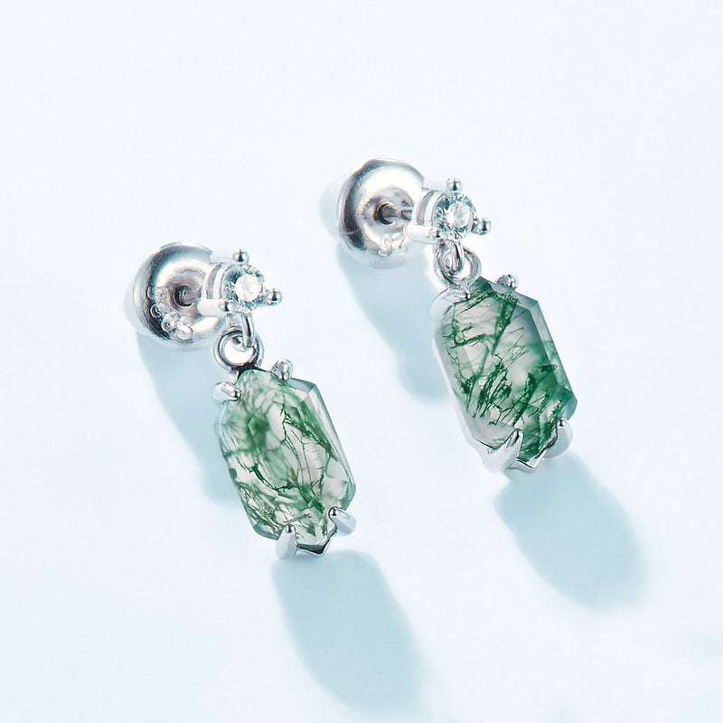S925 Sterling Silver Moss Agate Minimalist Stud Earrings
