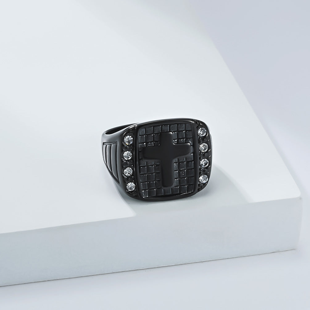 Planderful Cross Titanium Steel Ring For Men With Zircon Inlay Everyday Genie Luxury Jewelry