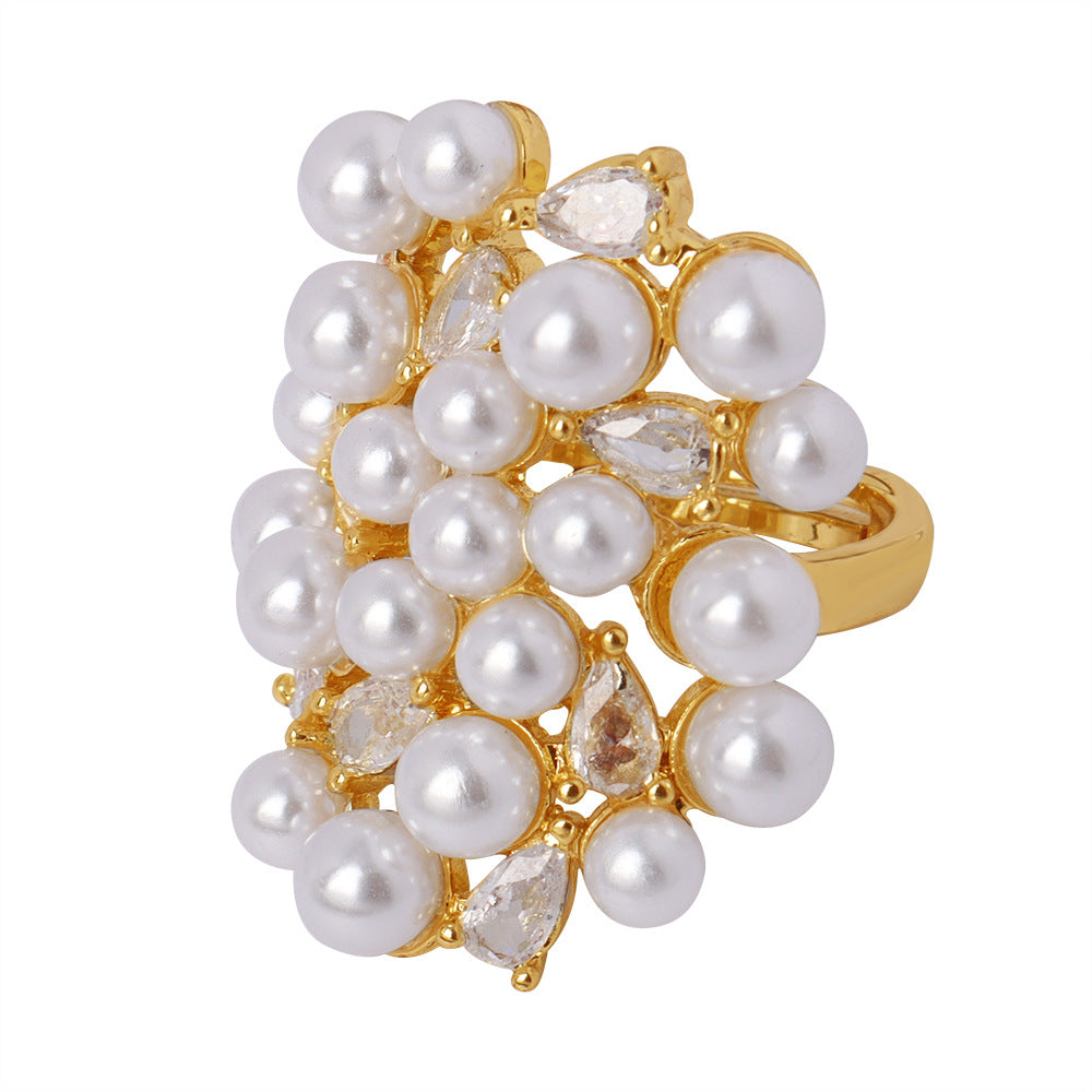 Luxurious Adjustable Ring with Zircon Imitation Pearl in Copper - European and American Fashion