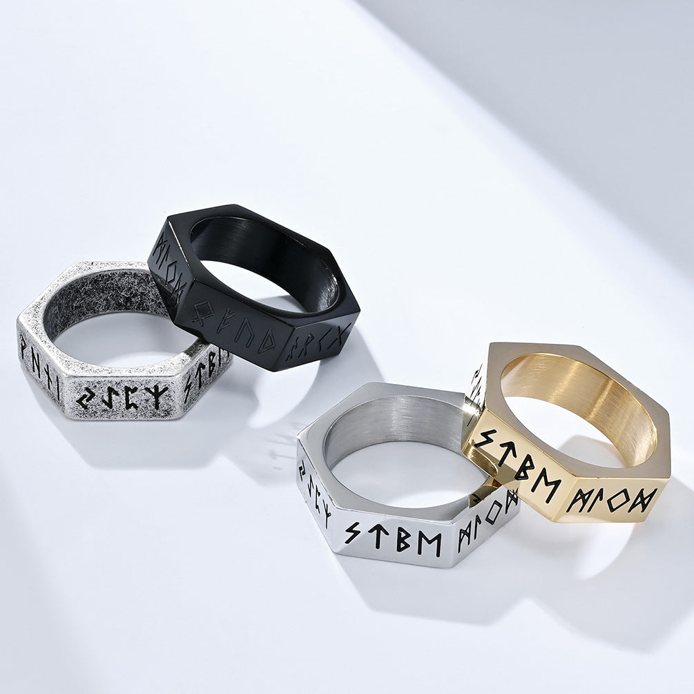 Planderful Everyday Genie Stainless Steel Ring With Hexagonal Niche And Pirate Viking Text For Hipster Vibe