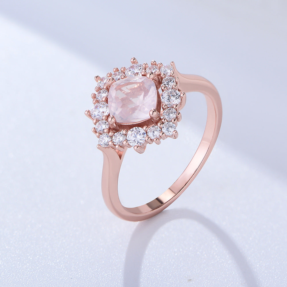 925 Sterling Silver Zircon Rose Gold Natural Powder Crystal Pillow Ring Classic Jewelry