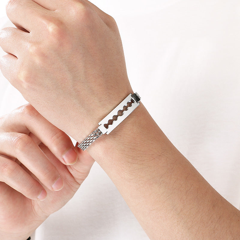 Men's Daily – Minimalist Woven Chain Curved Bar Blade Stainless Steel Bracelet Men