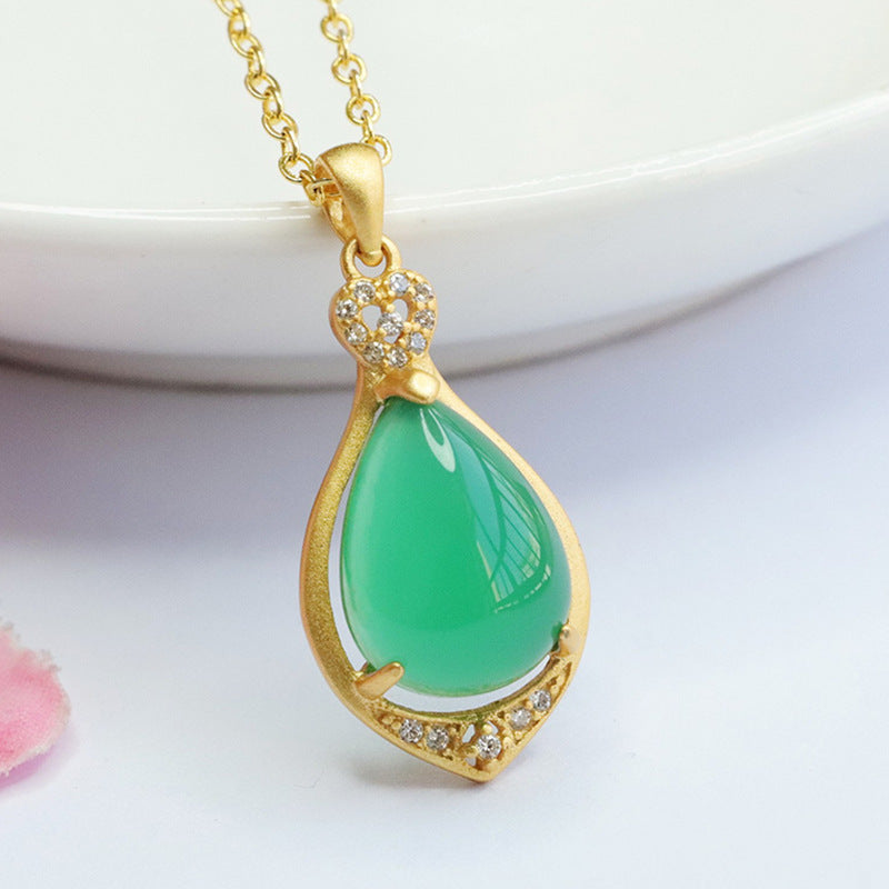 Sterling Silver Necklace with Green Chalcedony Droplet Pendant and Zircon Details