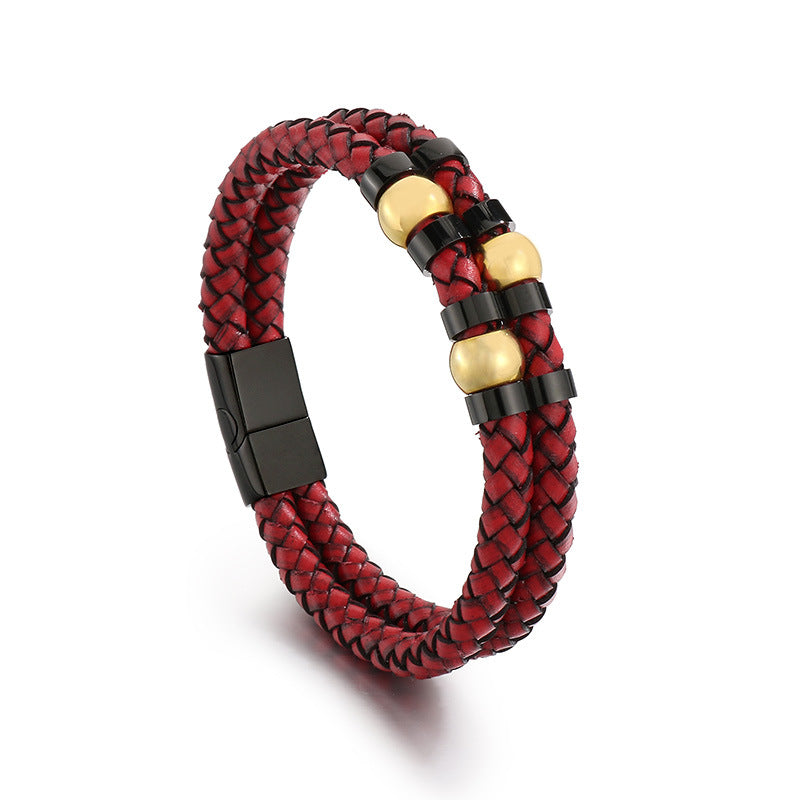 Stylish & Double-Layer Spliced Leather Bracelet – Vacuum Electroplated Spring Buckle