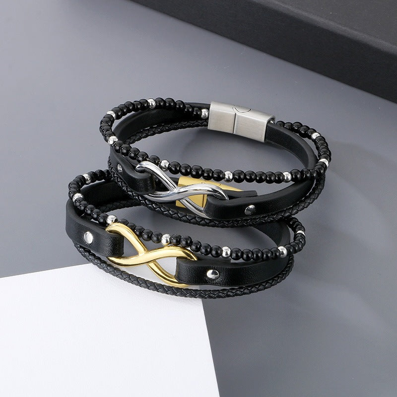 Multi-Layer Woven Leather Rope Men's Bracelet – Titanium Steel Figure-Eight Infinity