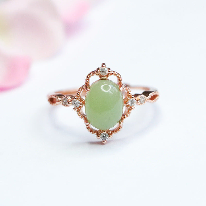 925 Sterling Silver Hetian Jade Openwork Ring