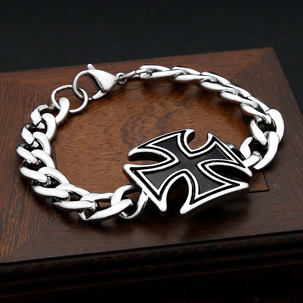 Planderful Vintage Stainless Steel Cuban Bracelet With Black Epoxy Cross For Men