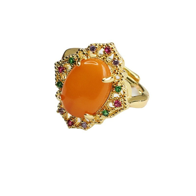 Colorful Zircon Ruyi Ring Needle Sterling Silver Beeswax Amber Ring