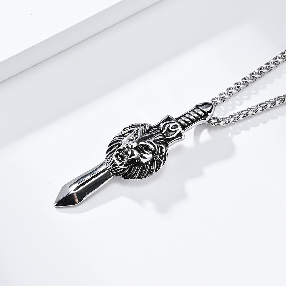 Cross-Border Retro Lion Head Longsword Necklace for Men