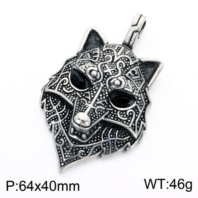 Nordic Mythological Beast Inlaid Red-Eye Wolf Head Stainless Steel Men's Pendant Retro Wolf Necklace