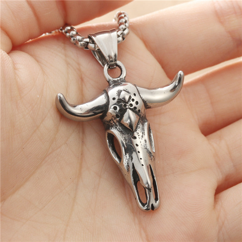 Punk-Inspired Titanium Steel Cow Skull Pendant Necklace for Men - Retro Animal Design