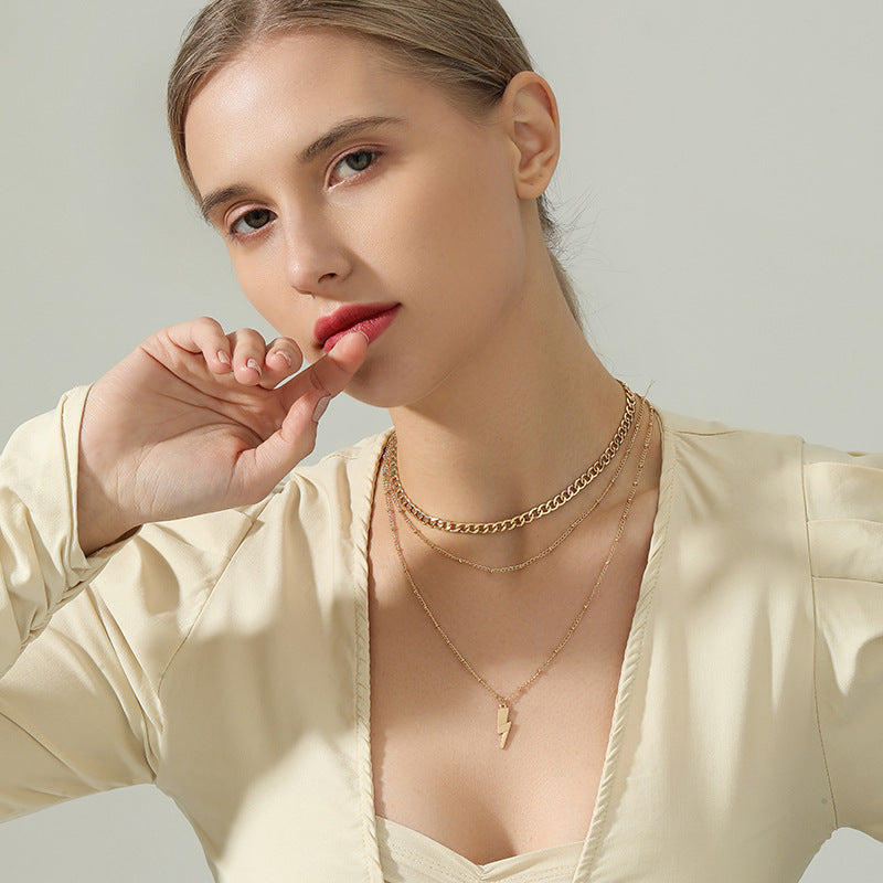 Chic Lightning Layered Necklace with Personalized Charm