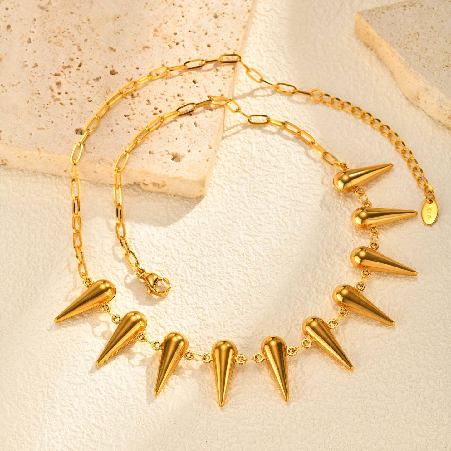 Stainless Steel Women's Hollow Water Drop Small Square Chain Cone Rivet Necklace Gold
