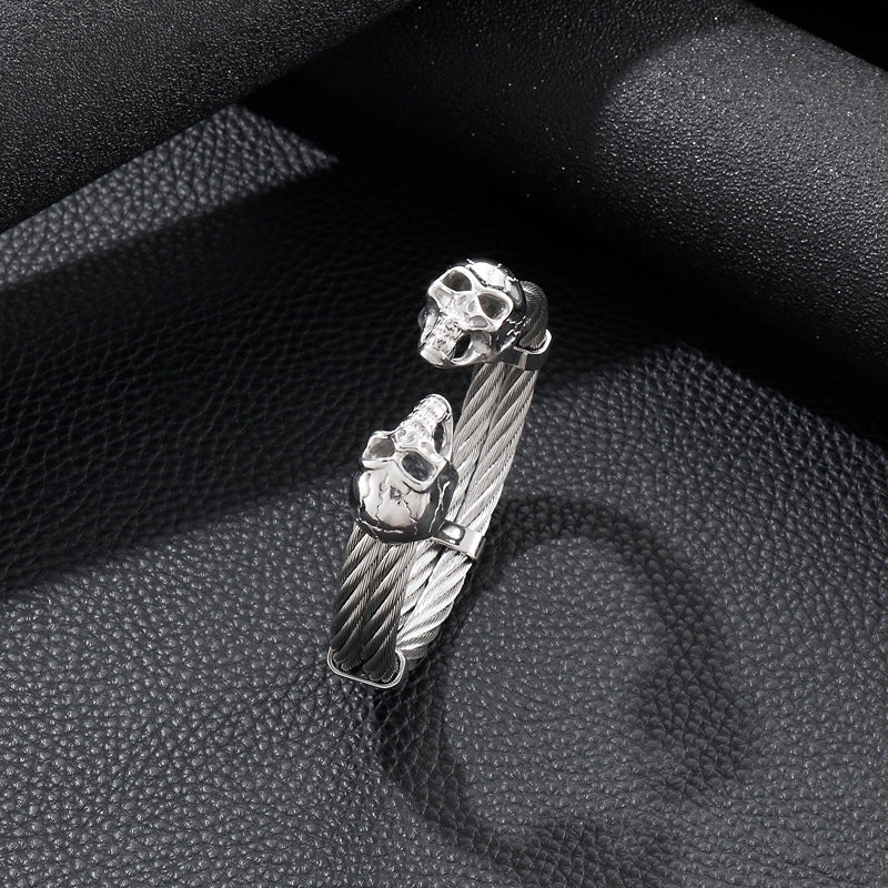Punk Double Skull Steel Wire Men's Titanium Steel Bracelet
