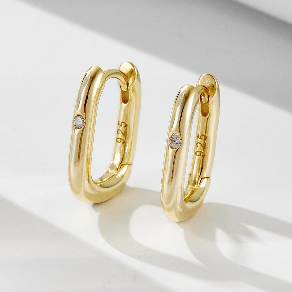 Cold Wind Retro Geometric Smooth Surface Oval U-Shaped Sterling Silver Earrings Versatile Zircon