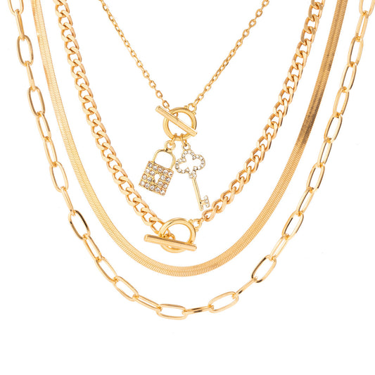 Elegant Rhinestone Jewelry Set with Lock Necklace, Snake Bone Chain, and Key Bracelet