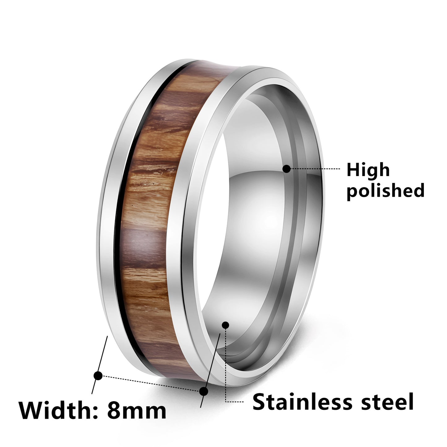 Planderful Everyday Genie Teak Inlaid Titanium Steel Couple Ring Unisex Durable Wedding Band