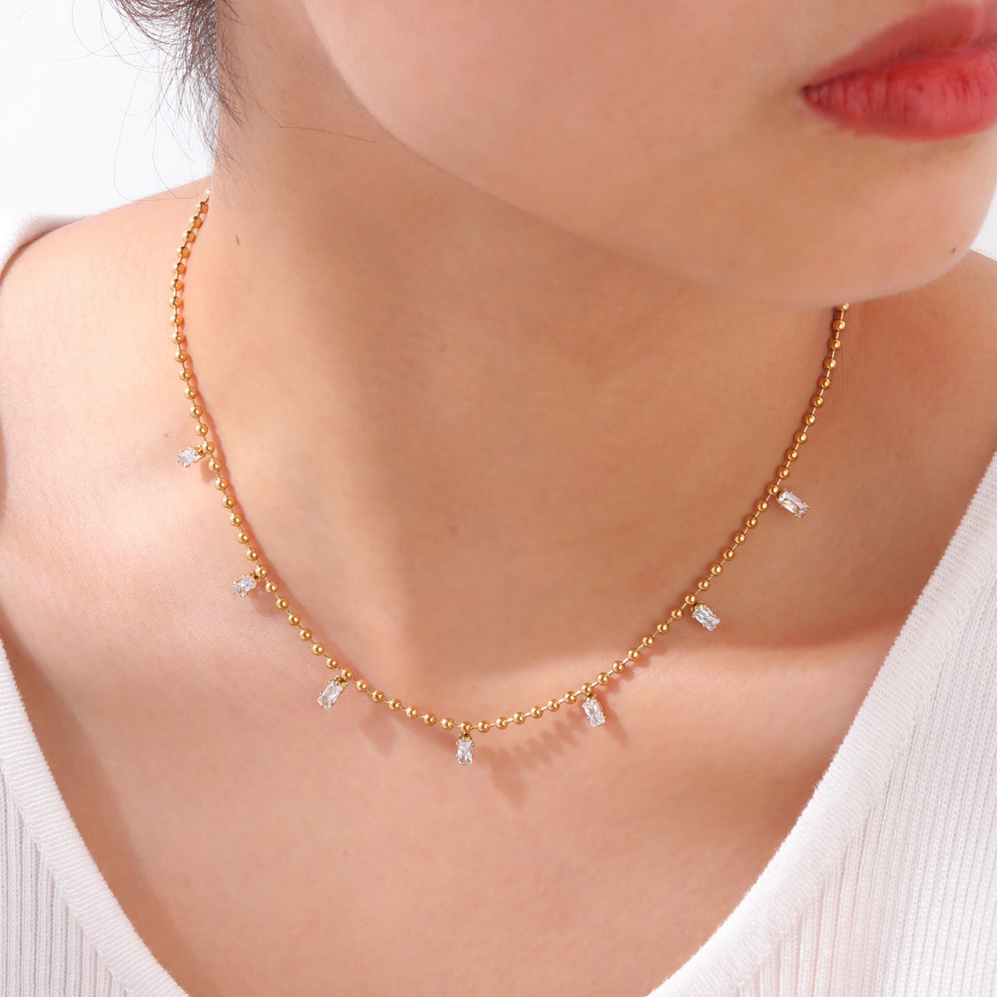 Stainless Steel Bead Chain White Square Zircon Gold Necklace Female