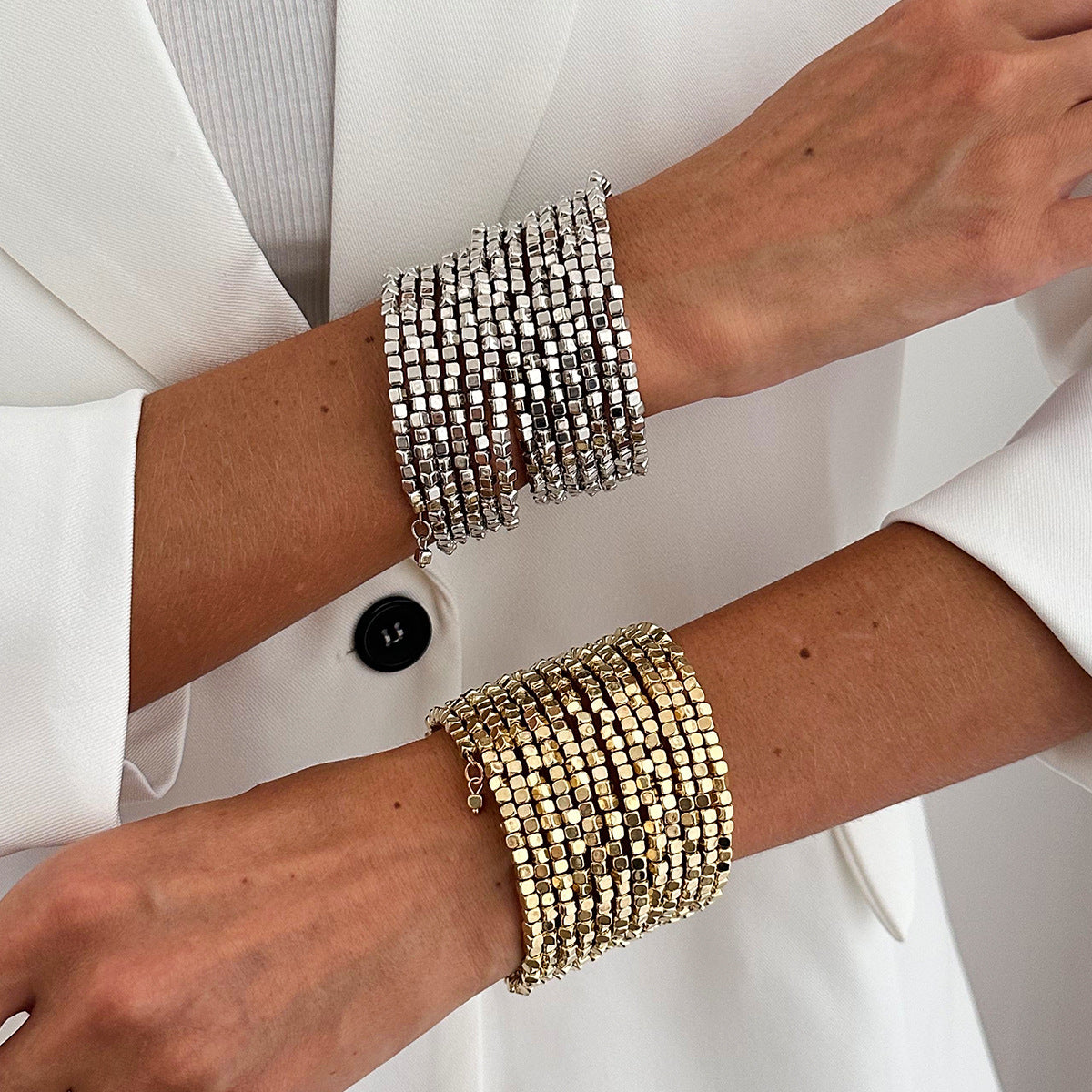 Planderful Vienna Verve Elastic Silver Beaded Bracelet For Women Retro Square Design Statement Jewelry