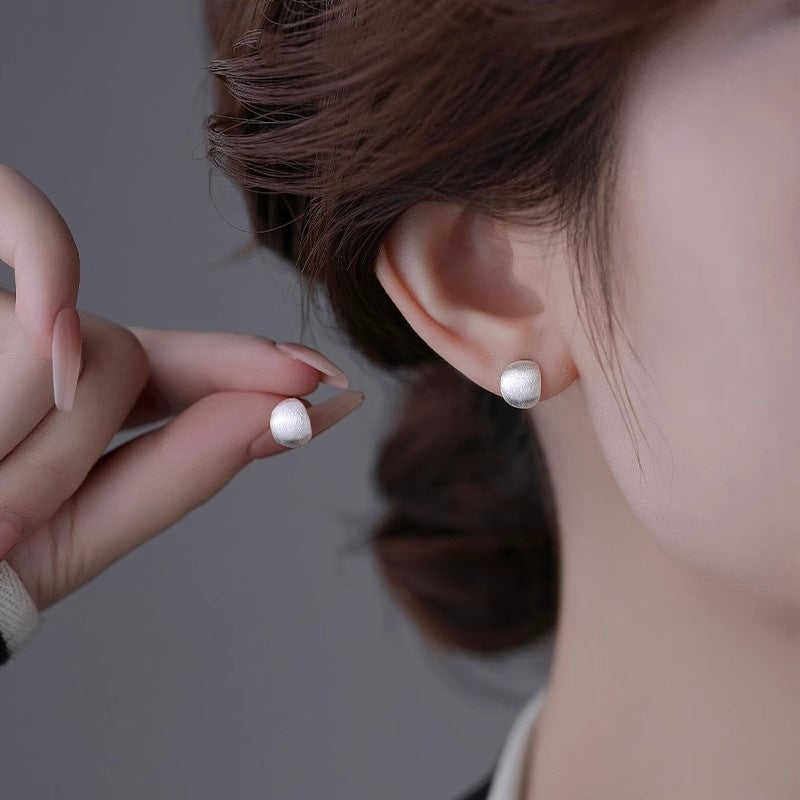 925 Sterling Silver Frosted Brushed Ball Earrings Women's Versatile Style