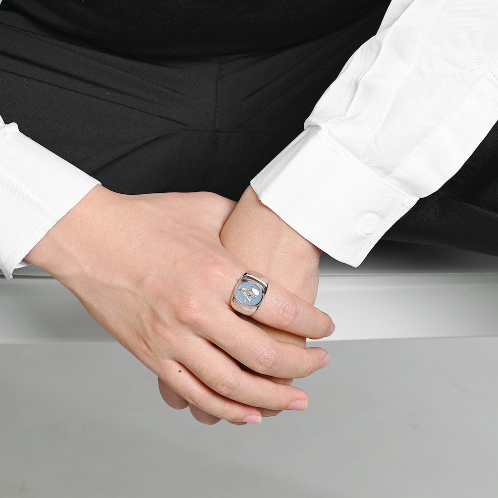 Blue Enamel Masonic 18K Gold-Plated Stainless Steel Ring for Men