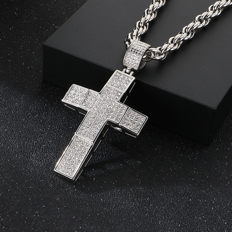 Twist Chain Hip Hop Inlaid With Zircon Double Cross Hollow Pendant Stainless Steel Necklace