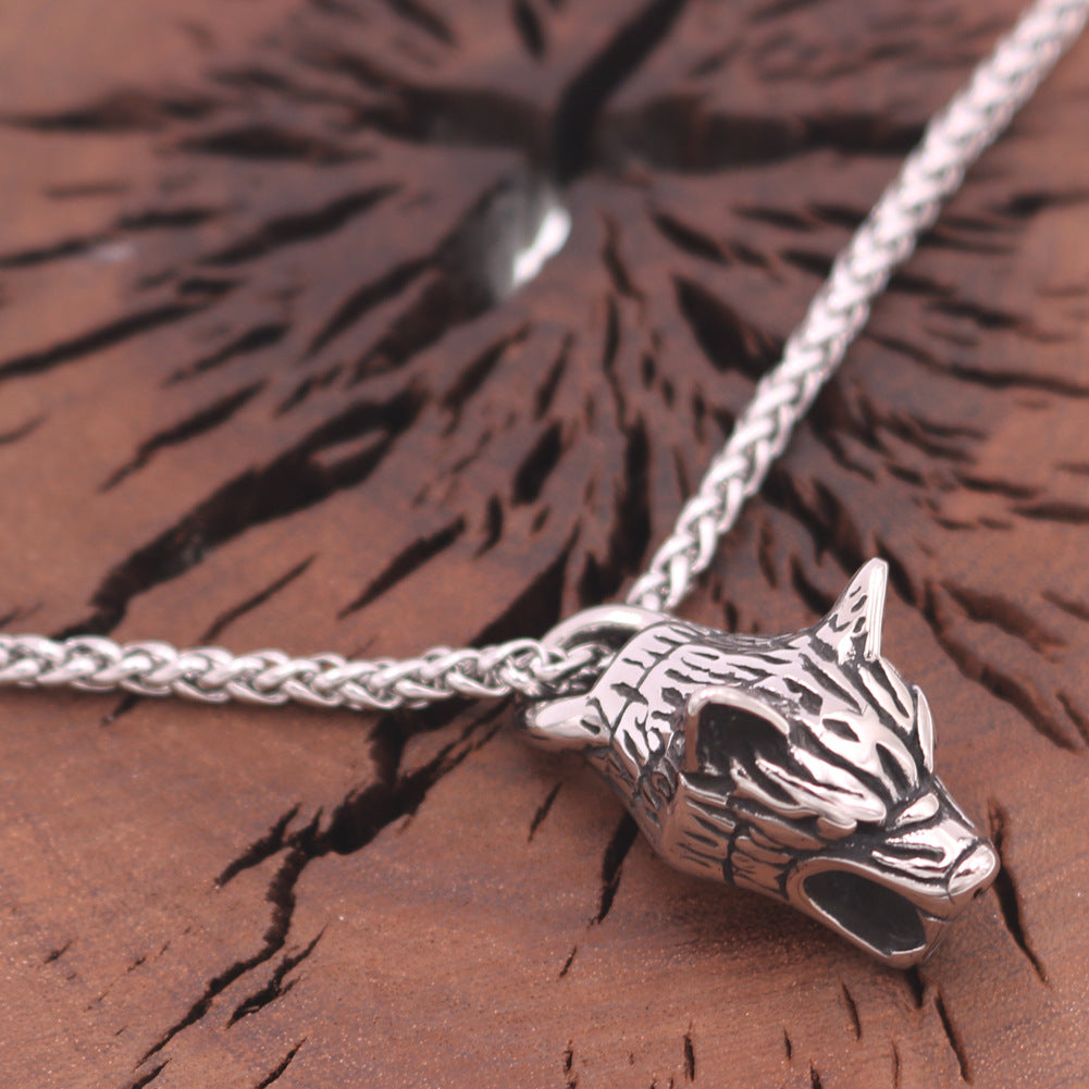 Nordic Wolf Head Stainless Steel Necklace - Men's Titanium Flower Chain