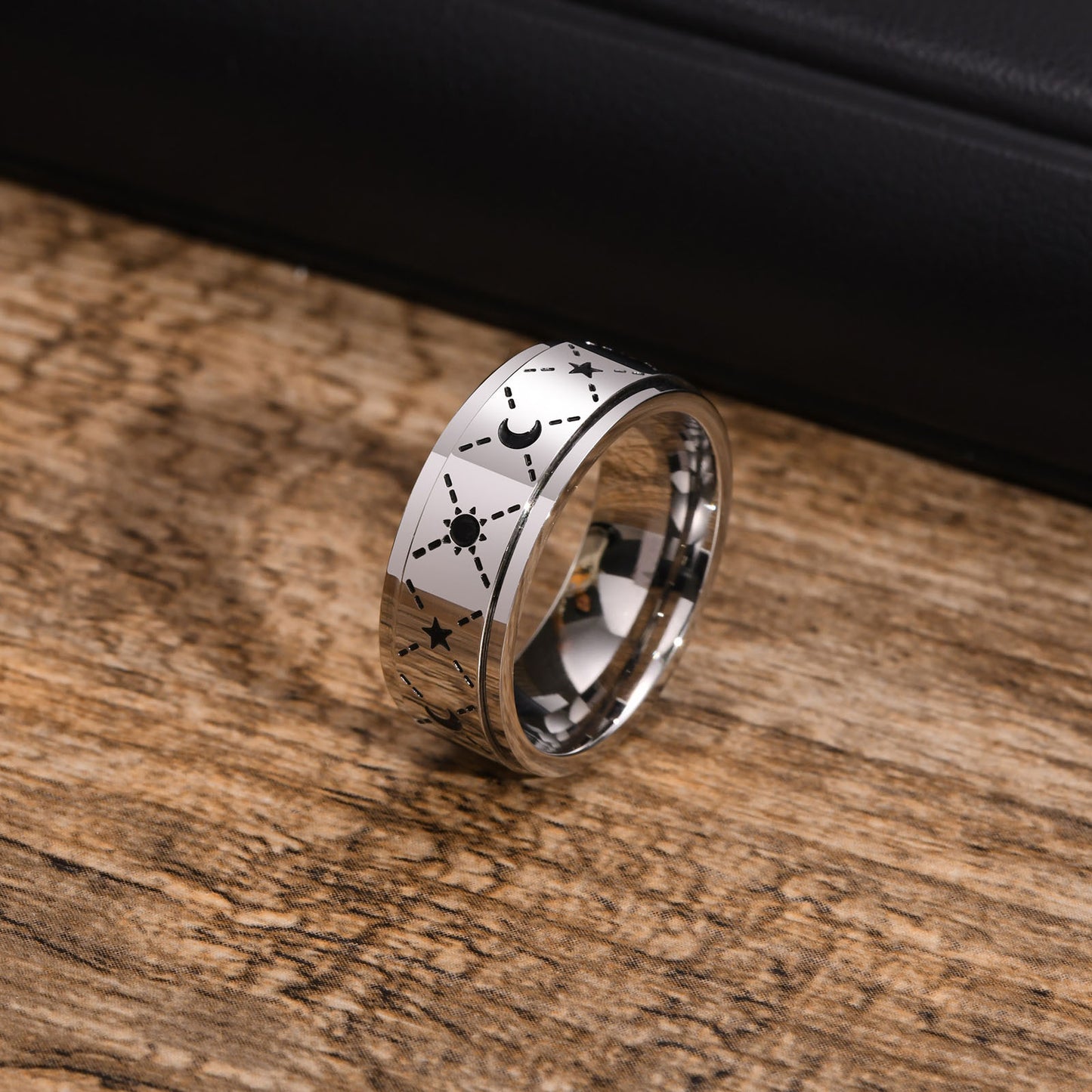 Stainless Steel Corroded Sun Moon Rotatable Ring for Men