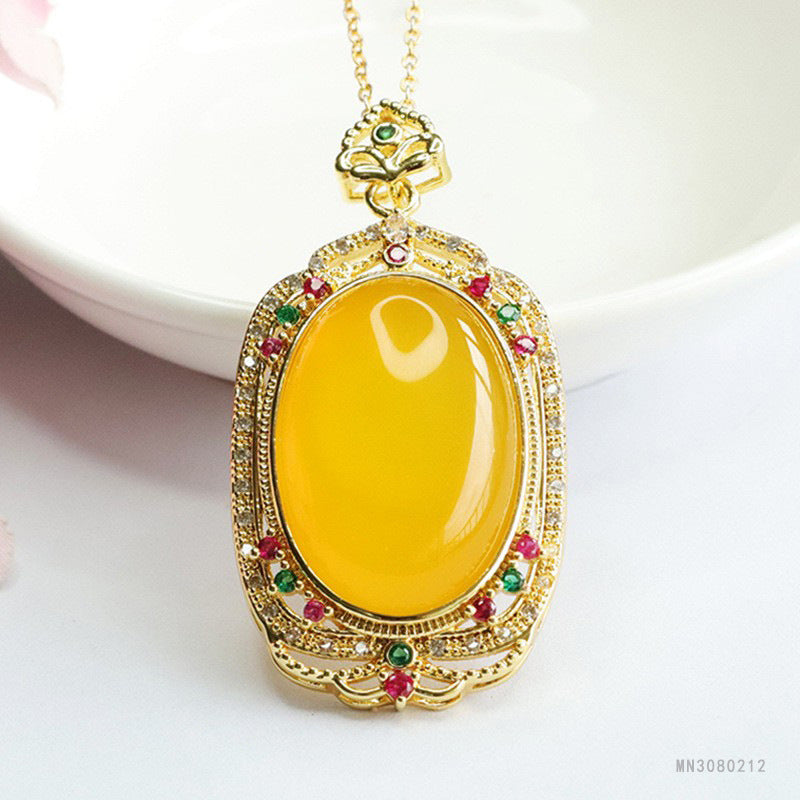 Yellow Chalcedony Vintage Oval Pendant — No Chain