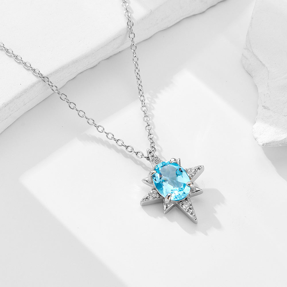 S925 Sterling Silver Octagram Pendant Sky Blue Natural Topaz Necklace