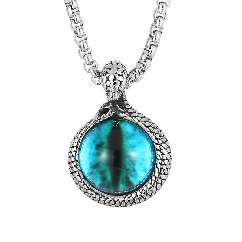 Trendy European and American Street Style Snake Inlaid Tiger's Eye Titanium Steel Men's Pendant