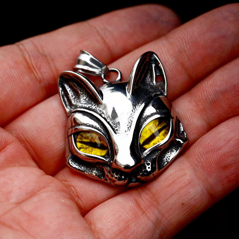 Titanium Steel Green-Eyed Fox Head Pendant - Retro Cat Design for Men