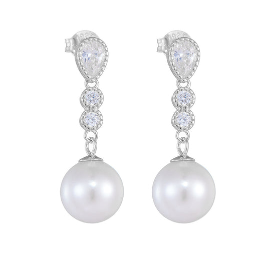 Long Style Zircon Round Pearl Sterling Silver Drop Earrings