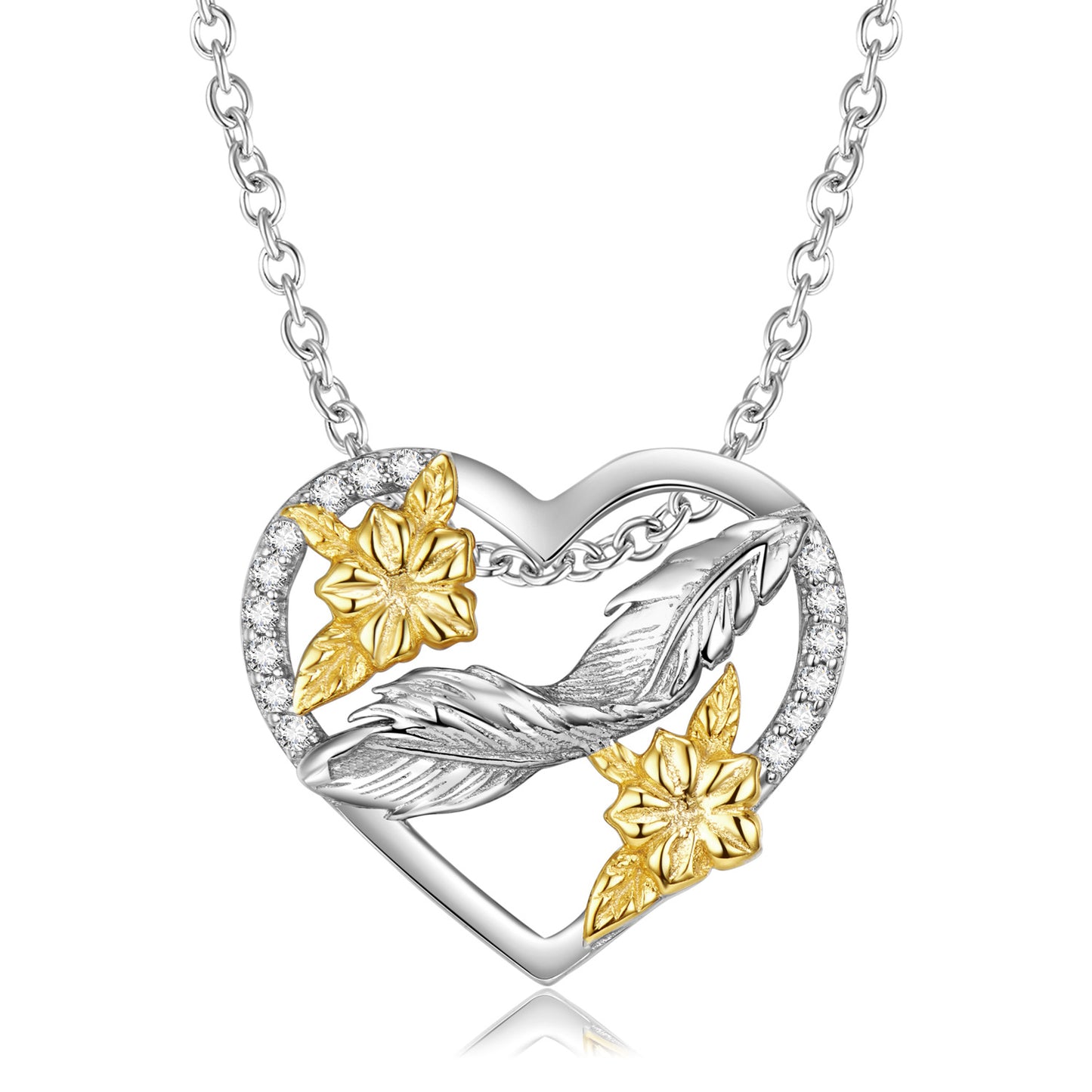 Feather and Golden Flowers Heart Shape Pendant Silver Necklace