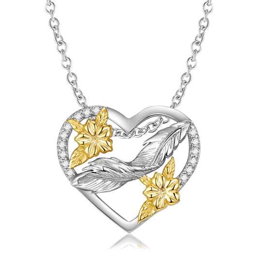 Feather and Golden Flowers Heart Shape Pendant Silver Necklace