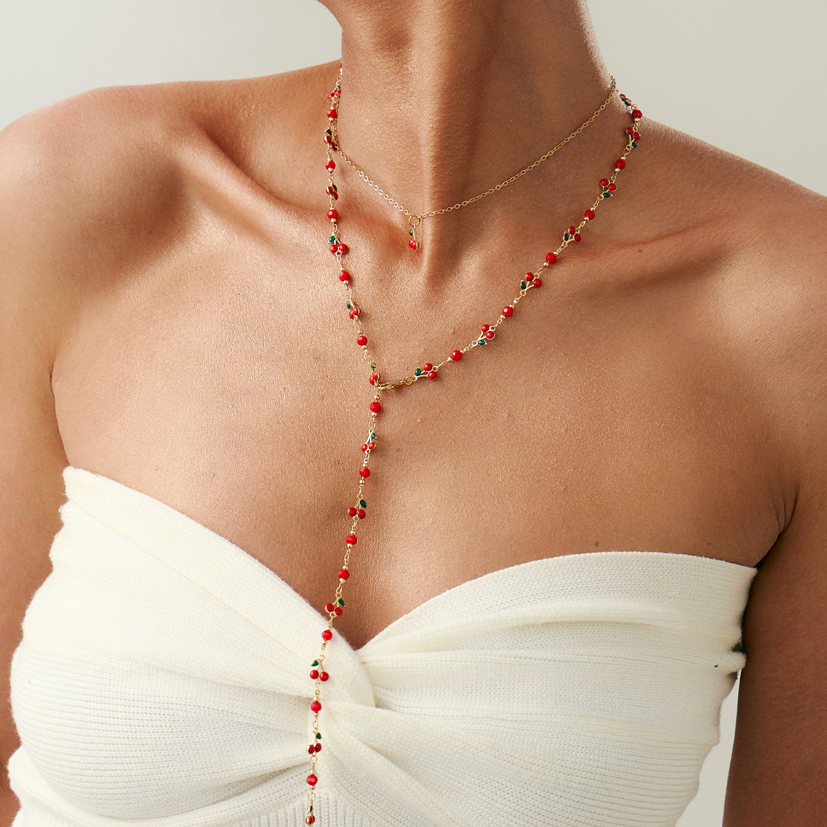 Cherry Pendant Y-Shaped Fringe Necklace