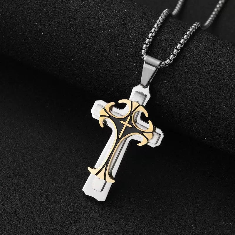 Planderful Three Layer Cross Pendant Necklace Stainless Steel For Men Punk Fashion Accessory